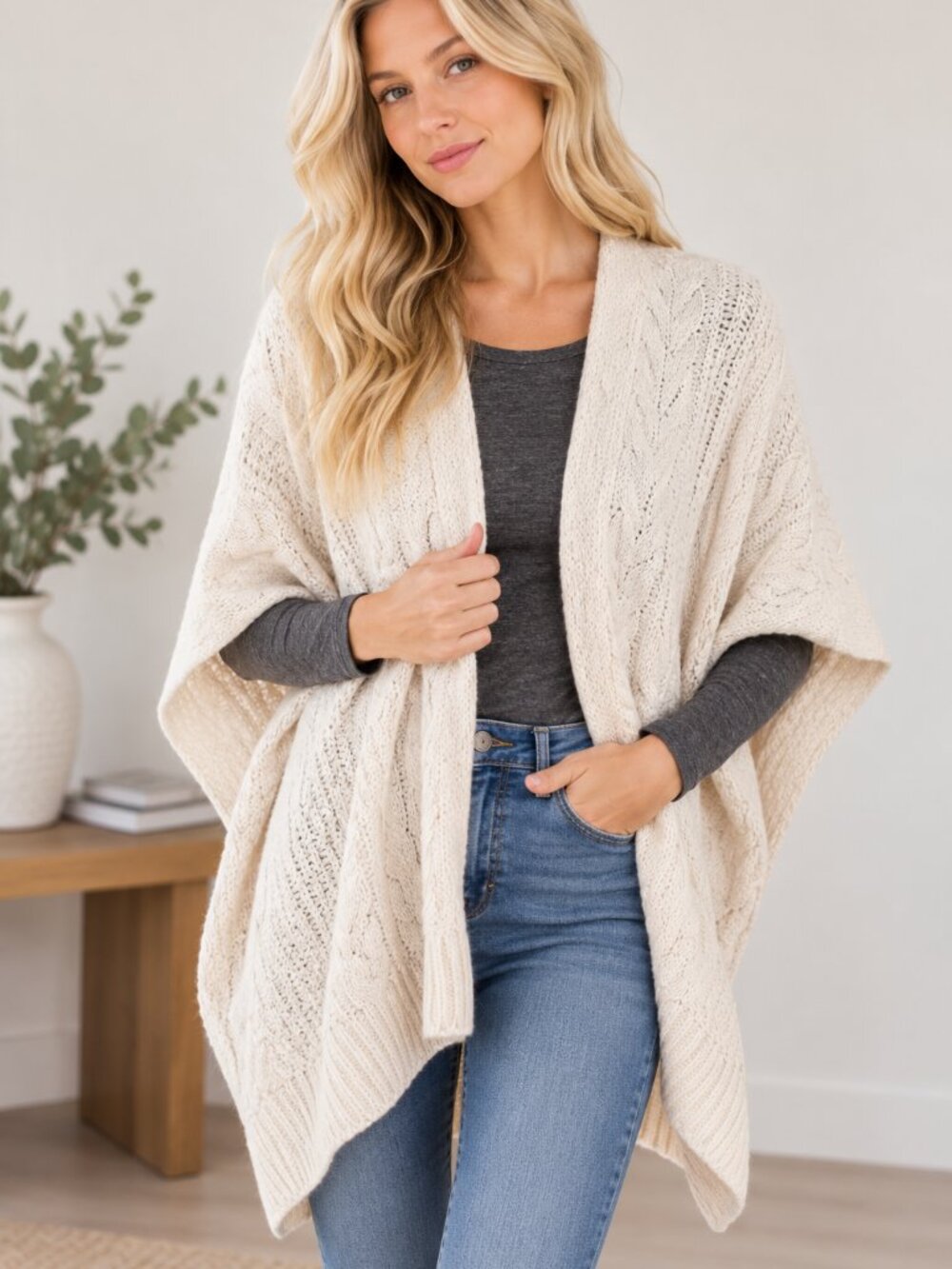 304. Cable Knit Zip Front Poncho